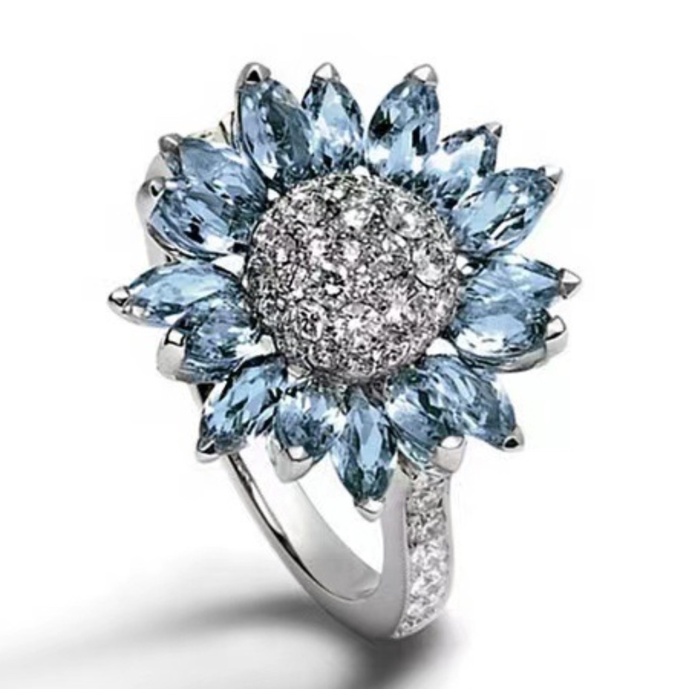 *HALINA* Silver x Blue Flower Fashion Ring Size 8